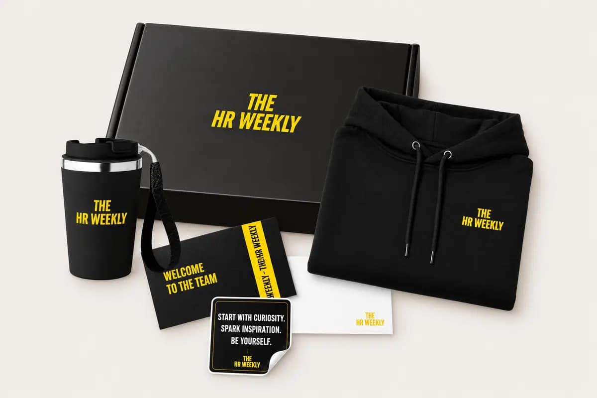 Onboarding-Box von The HR Weekly mit Hoodie und Kaffeebecher