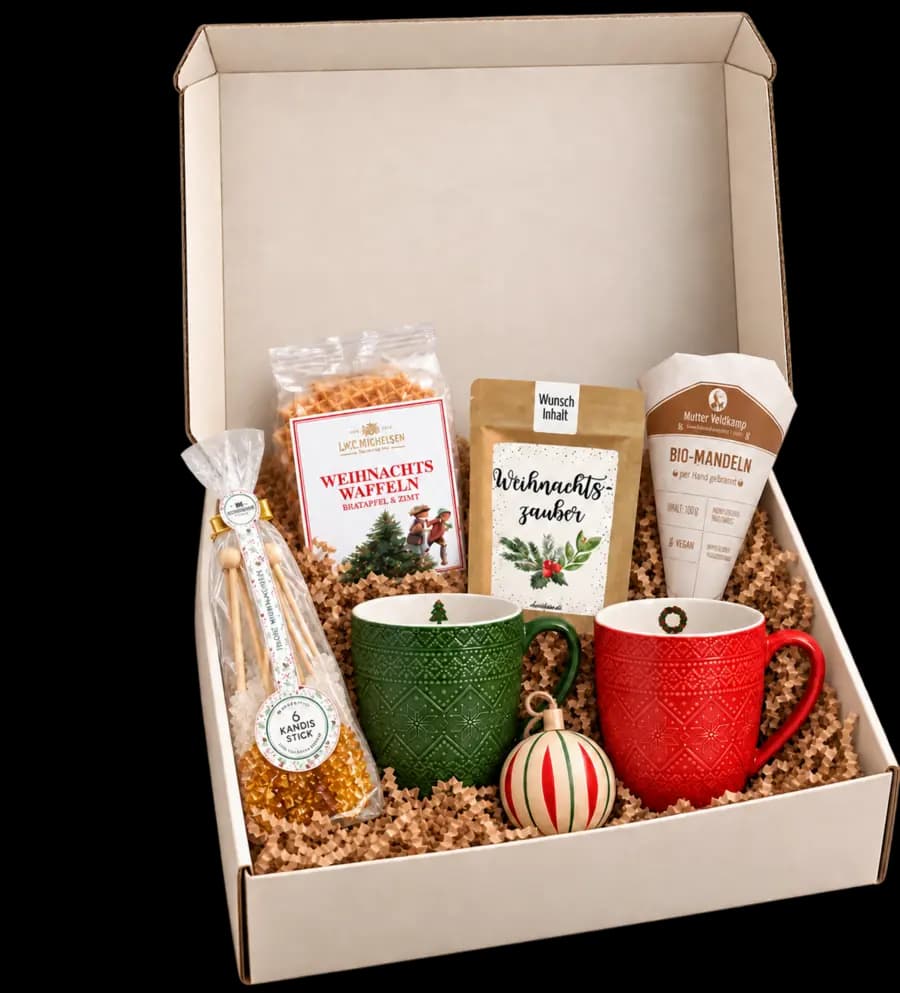 Weihnachtsbox mit zwei Tassen, Tee, Waffeln und Mandeln