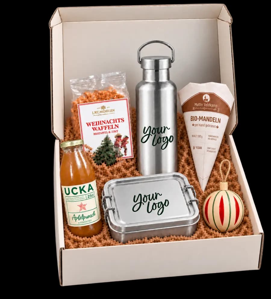 Weihnachtsbox mit Trinkflasche und Brotdose mit Logo, Waffeln und Punsch