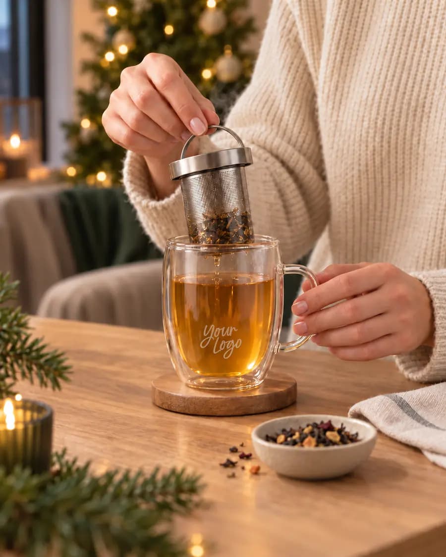 Weihnachtlicher Teemoment mit graviertem Glas