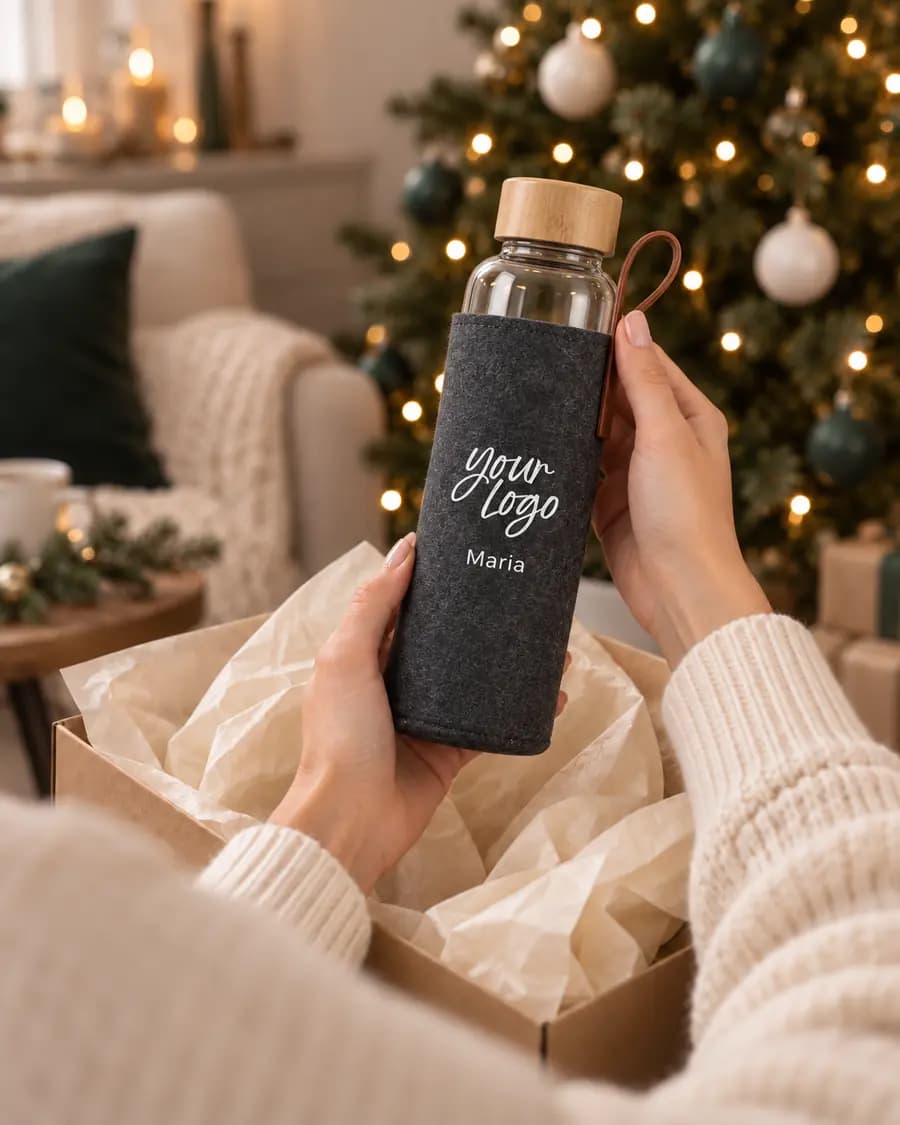 Trinkflasche mit Logo und Namen wird ausgepackt